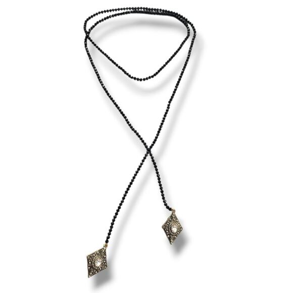 HEIDI DAUS Long Crystal Beaded Lariat Necklace Retired $259 Layering Black Gold - Picture 1 of 7